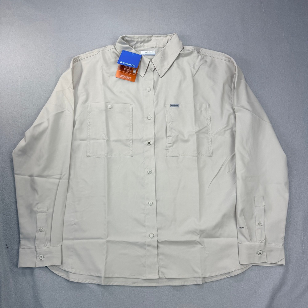 Columbia Omni-Shade Womens 1X Tan Long Sleeve Vented Hiking Shirt UPF 40 Ripstop